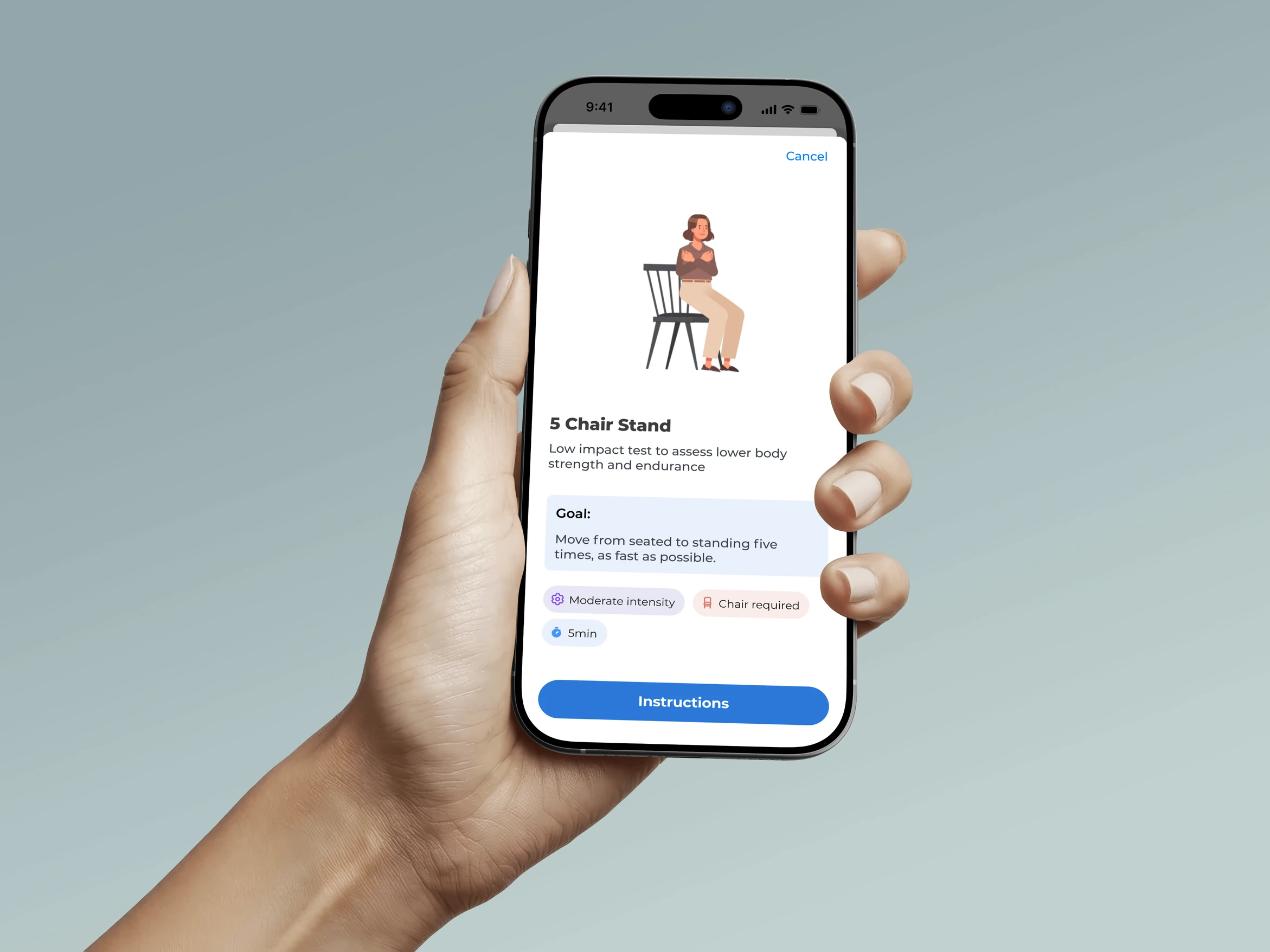 Hand holding a phone showing the 5 Chair Stand test