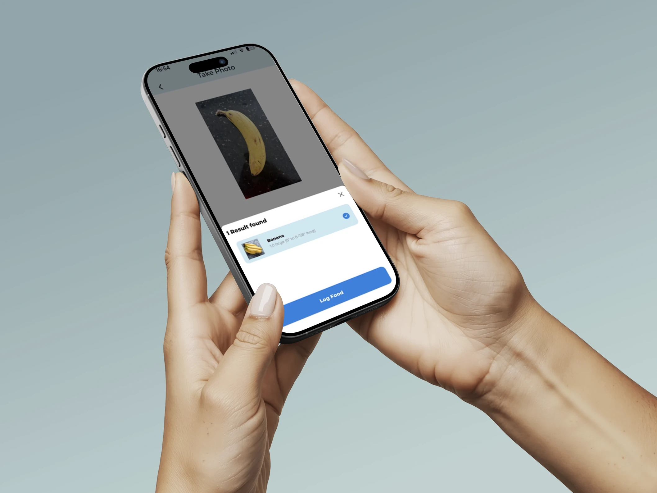 Hands logging a meal photo in the app