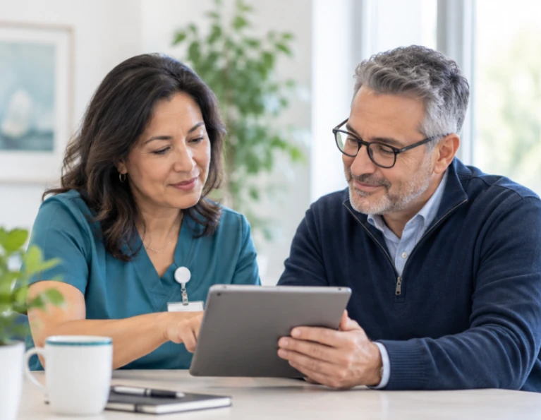 Clinician and colleague reviewing a tablet together