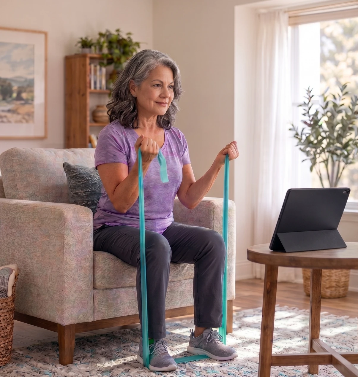 Older woman exercising with a resistance band while following a tablet
