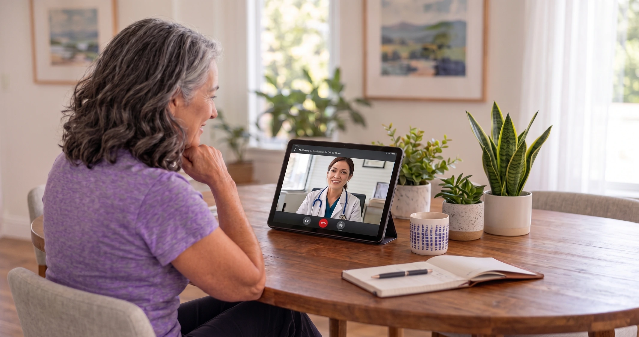 Older woman on a video call with a clinician