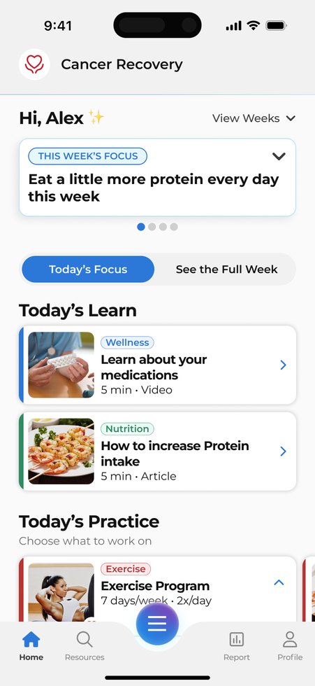 Ameya app home screen for a cancer recovery program